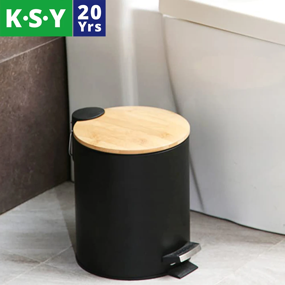 Small 5L Stainless Steel Garbage Bin Bamboo Cover  Kitchen Garbage Unique Bathroom Wooden Trash Can