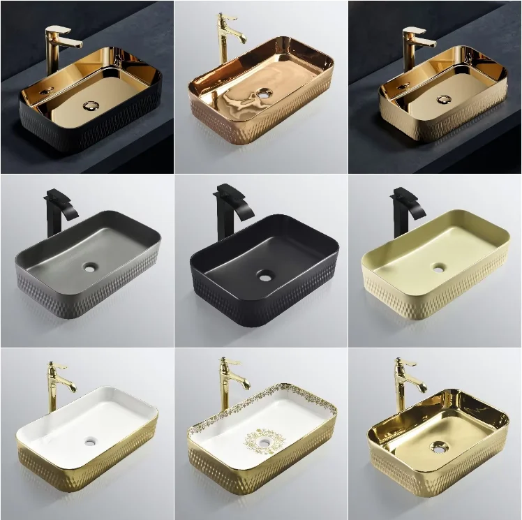 Gold rectangular countertop hand wash basin hotel bathroom luxury ceramic art basin sink details