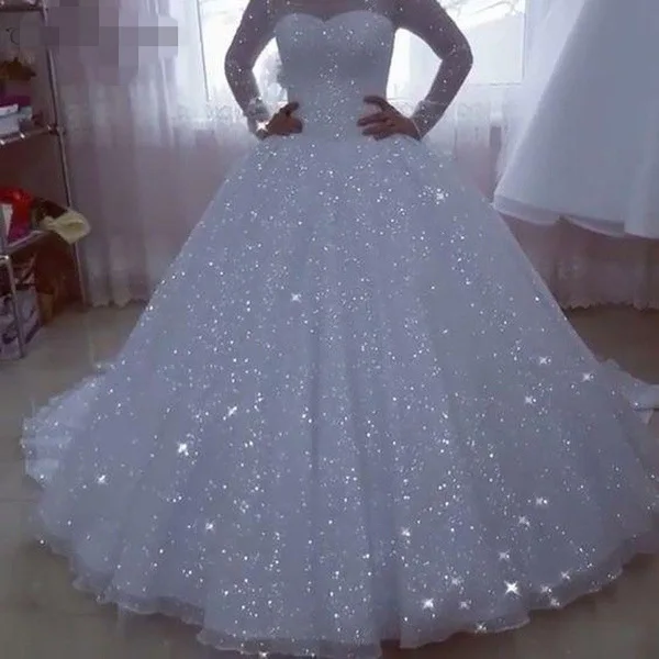 2026 New Designer African Woman Long Sleeve Bling Shining Wedding Dress Robe De Mariage Luxury Big Train Bridal Gown