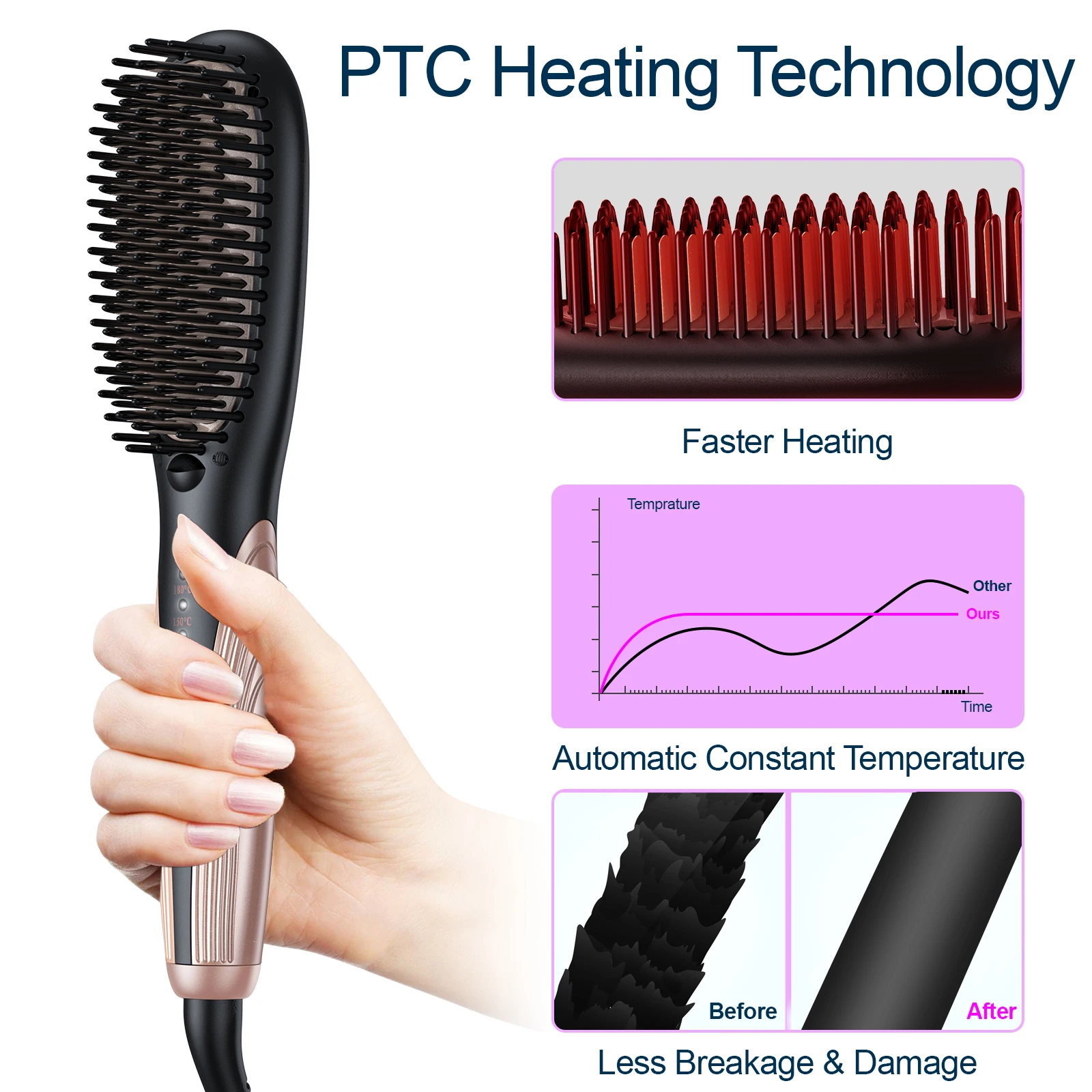 Professional Ionic Heating  Hair Straightener Gold Brush Hair Iron 2 in 1 Beard Straightener  Brush for Salon