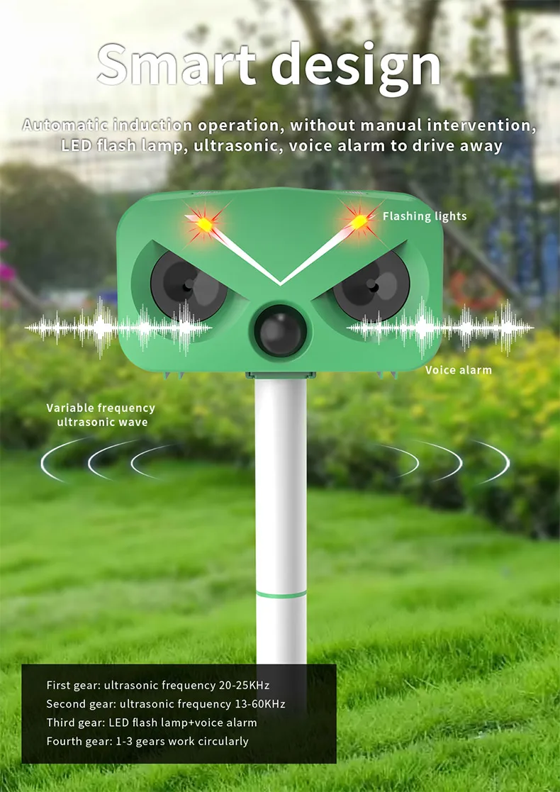 SAIJZEK OEM New Design Outdoor Waterproof RIP Sensor Electric Solar Ultrasonic Pest Repeller Dog Cat Rodent Bird repeller factory