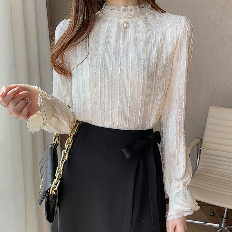 Spring Autumn Women Stand Collar Lace Chiffon Blouse Shirt Tops Long Sleeve Blouse Women Blusas Mujer De Moda 6615#
