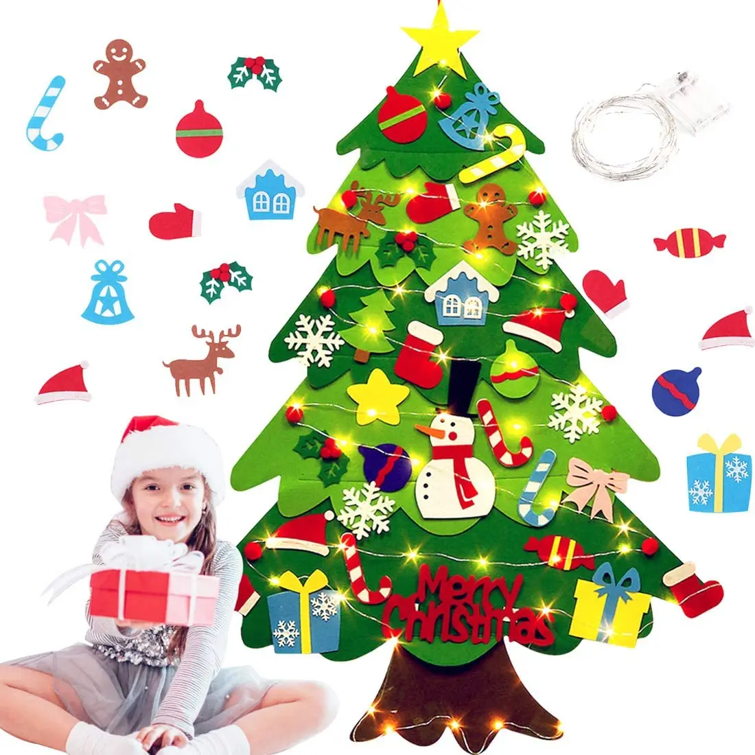 Educational DIY Felt Christmas Tree Set Kids Wall Hanging Felt Tree with 32  Toppers Xmas Ornaments and Light String