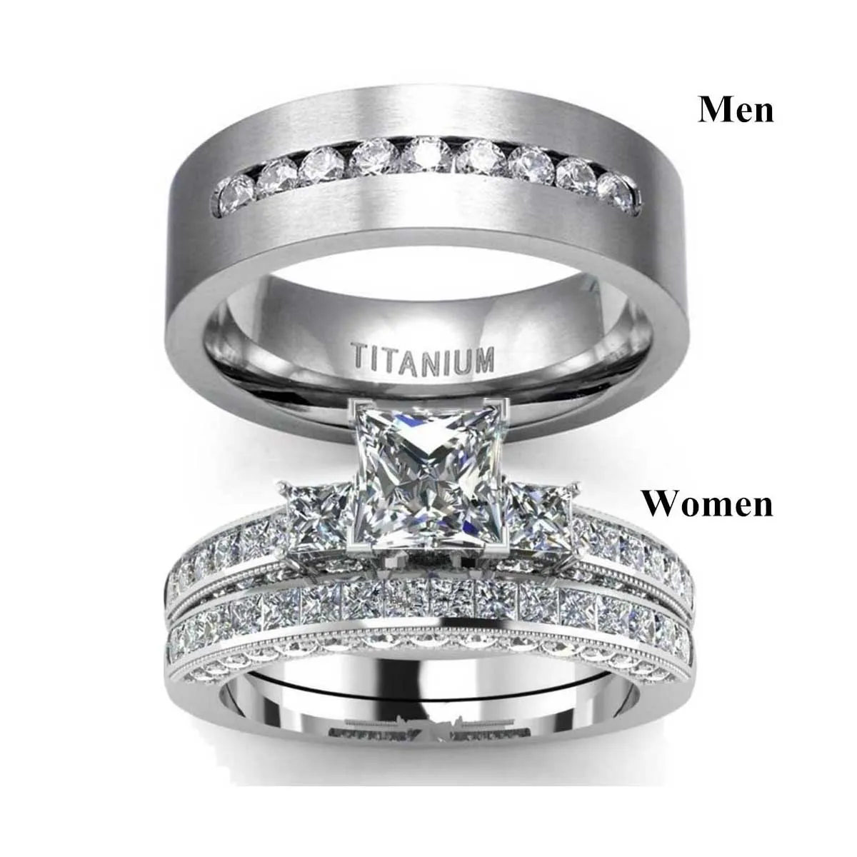 White Gold Plated Stainless Steel Diamond Couple Ring Set Square Crystal  Titanium Steel Engagement Wedding Ring for Bridal