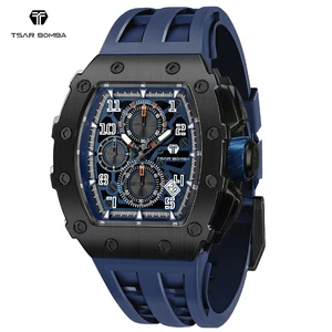 Luxury TSAR BOMBA Men's Quartz Wristwatch with SEIKO Movement Fashionable Silicone Band and Tonneau Case for Sport and Business
