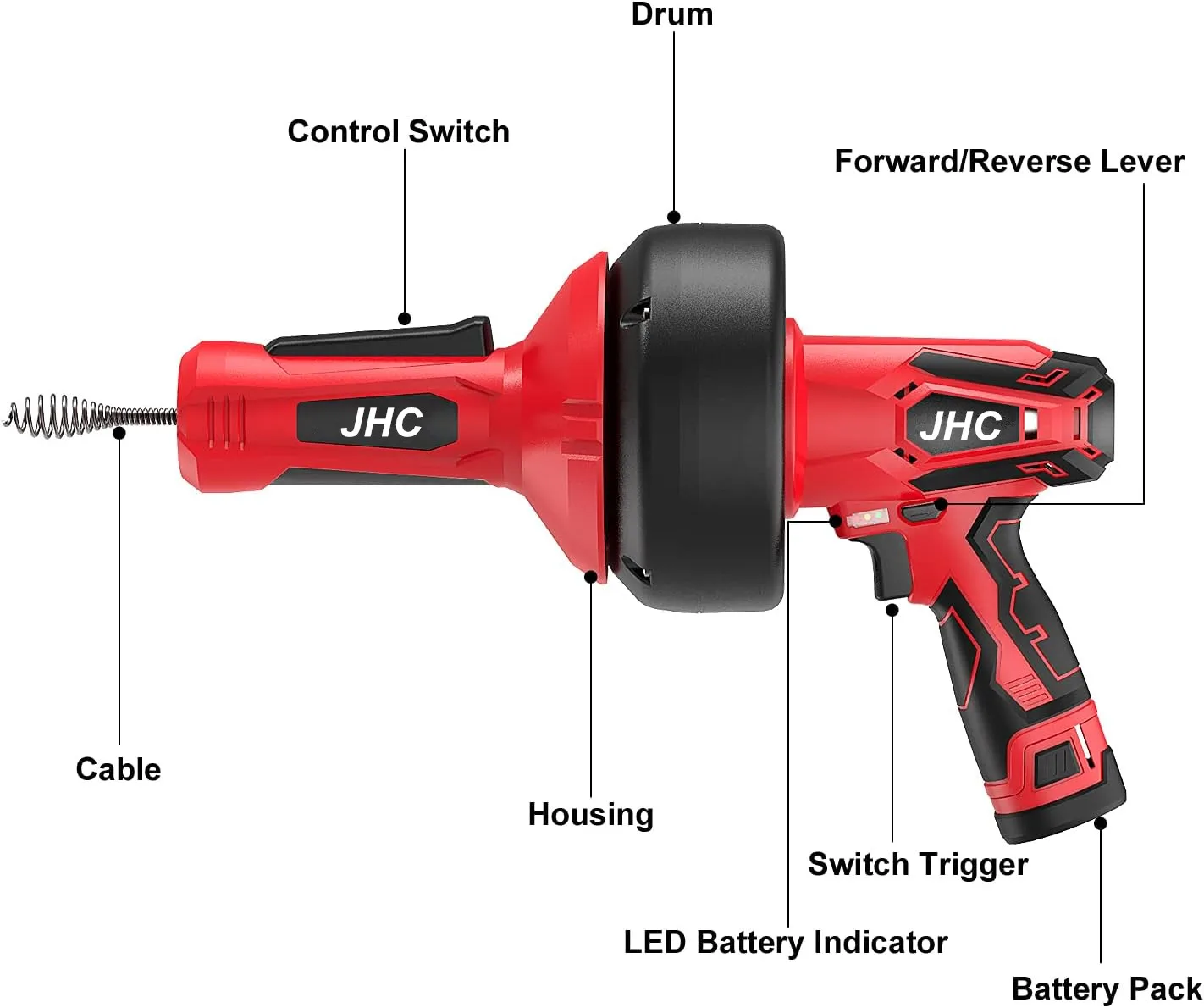 JHC 12V Lithium Ion Cordless Automatic Feed Drain Cleaner for Toilet Sewer and Kitchen Pipe Cleaning