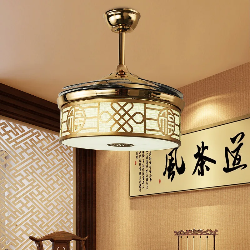 Hot sale hidden blade Metal Acrylic lamp lighting folding ceiling Color stitching led fan