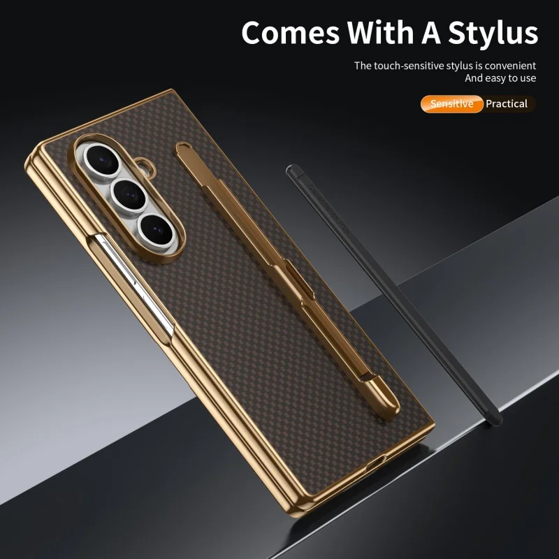 Business Plating Carbon Fiber Texture Phone Case for Samsung Z Fold 7 6 5 4 3 With Stylus Tempered Glass Film Shockproof Cover