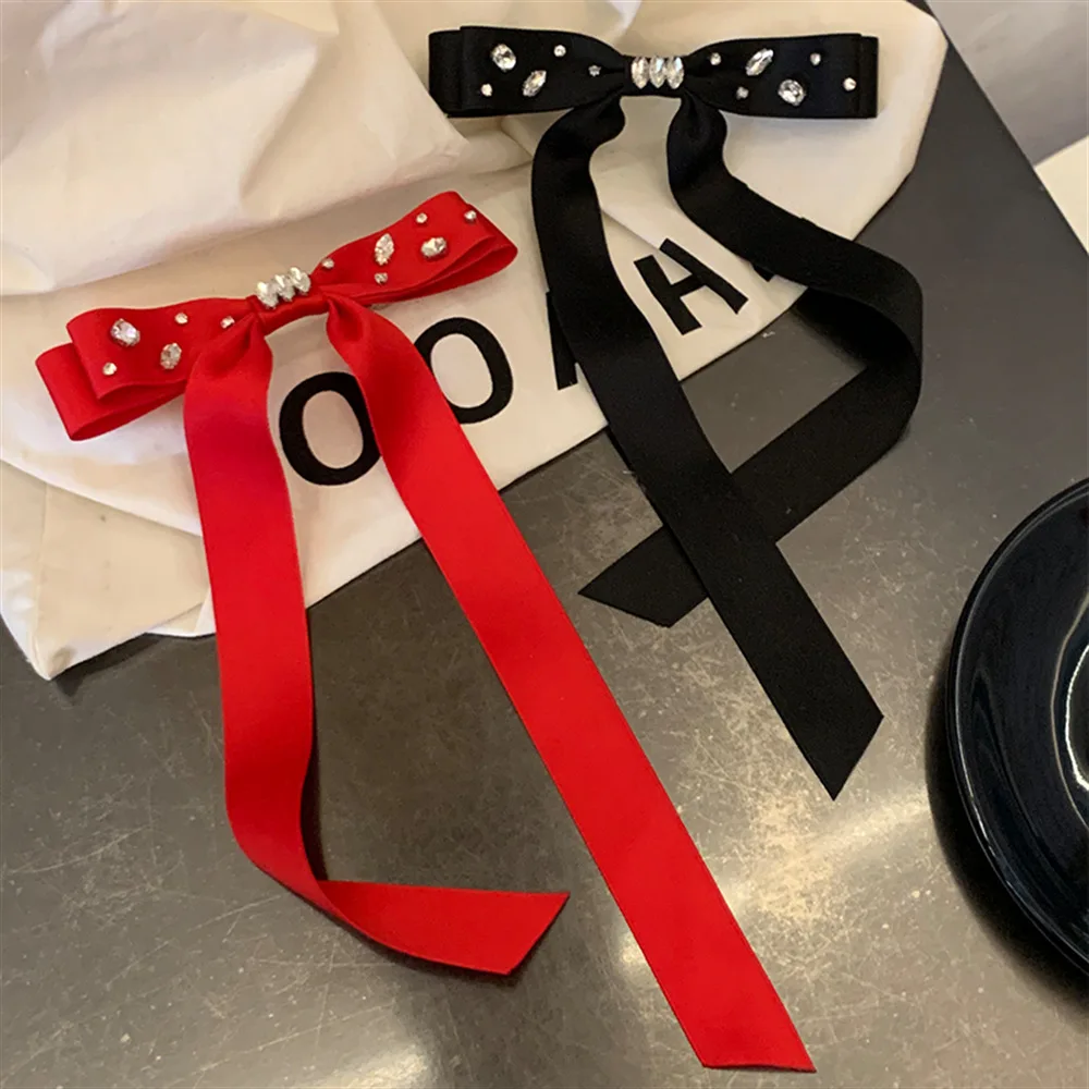 Red/Black Ribbon Bow Hair Clip for Girls Sparkly Rhinestone
