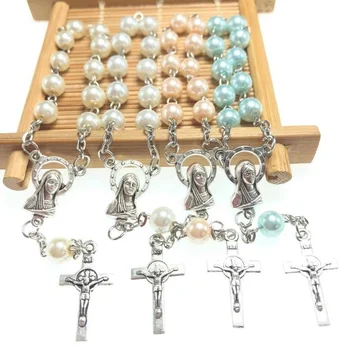 Stock 6mm glass faux pearl rosary bracelet, religious denary with virgin mary centerpiece and benedict cross