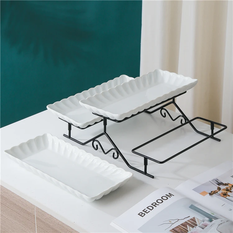 Factory Prices Inimalism 3 Tier Ceramic Hotel Dessert Plates with Metal Iron Stand for Wedding Birthday Party