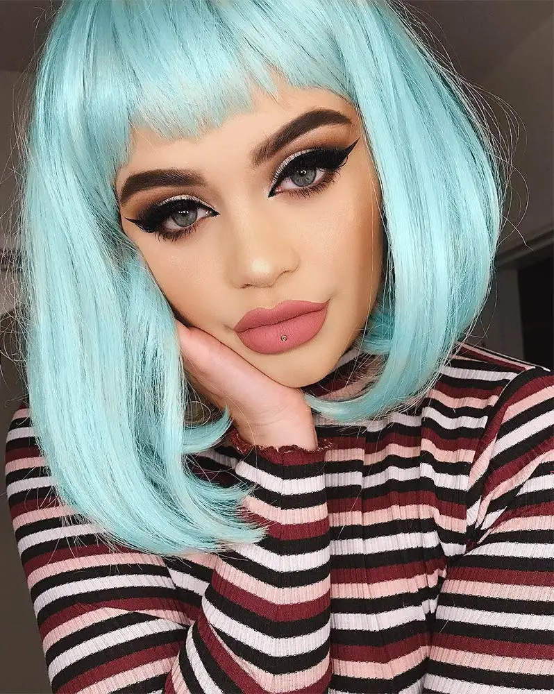 Natural Looking Pastel Mint Green Replacement Wig Neon Color Short Bob Hair With Bangs Machine Made None Lace Synthetic Wig Buy Vigorous Colored Wig For Black Women Natural Hair Heat Resistant
