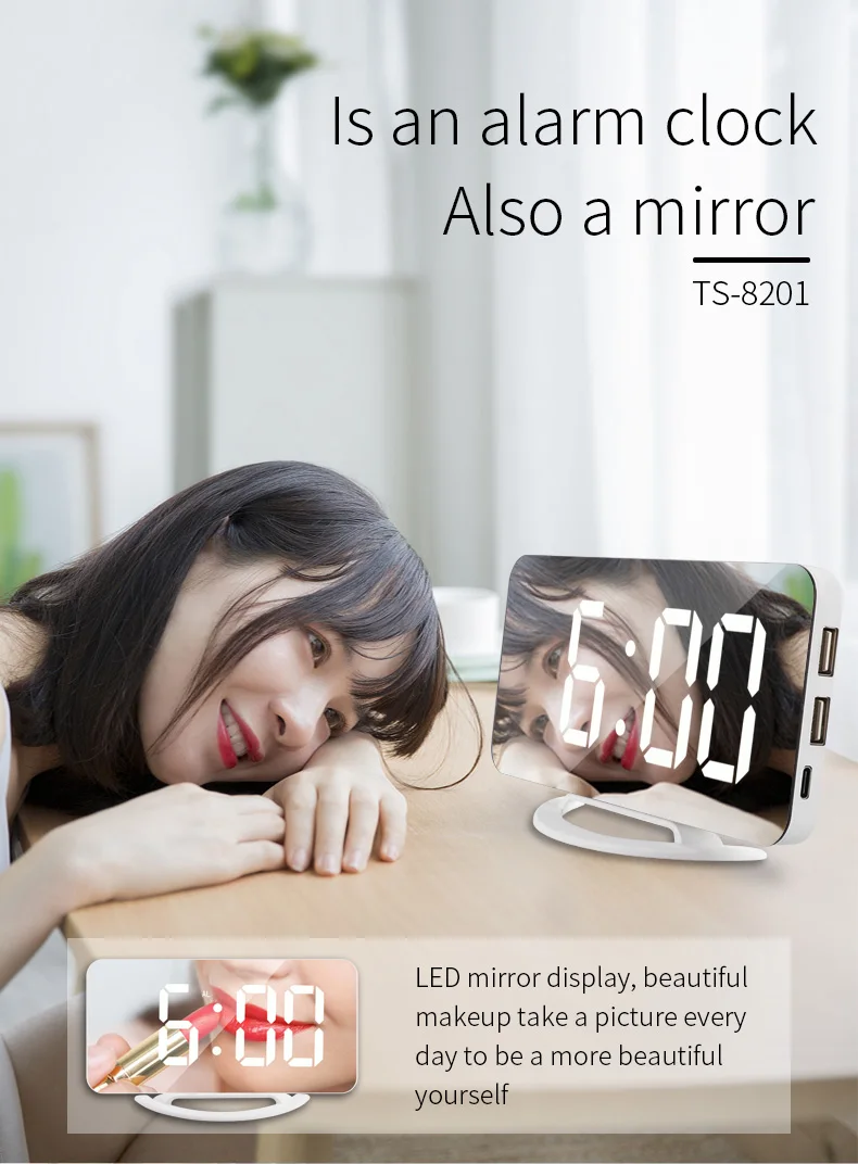 Smart Electronic Auto Photosensitive with USB Charging Digital Alarm Clock Led and Mirror for Bedside Table