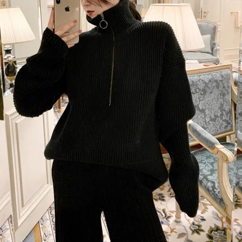 EasyGarment 2021 Spring Autumn Casual Women 2 Piece Set Turtleneck Pullover Sweater Wide Leg Rib Pants Female Knit Tracksuit