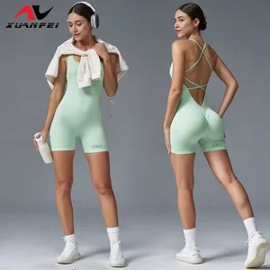 Custom Logo Women's Sport Jumpsuit Pleated Hip Tight Backless Fitness Rompers for Women