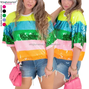 Custom Ladies Sequin Tees Loose Boxy Fit Crop Tops Ribbed Round Neck Stripe Ringer Tee Oversized Women t Shirts