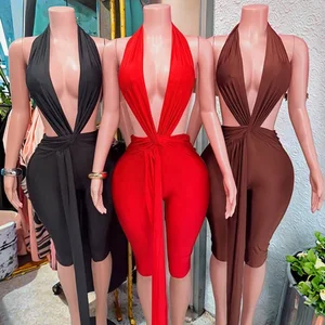 GX25851 Fashion 2026 Clothing Boutique Nigh Club Wear Sleeveless Halter Hollow Out One Piece Ladies Sexy Backless Jumpsuit Women