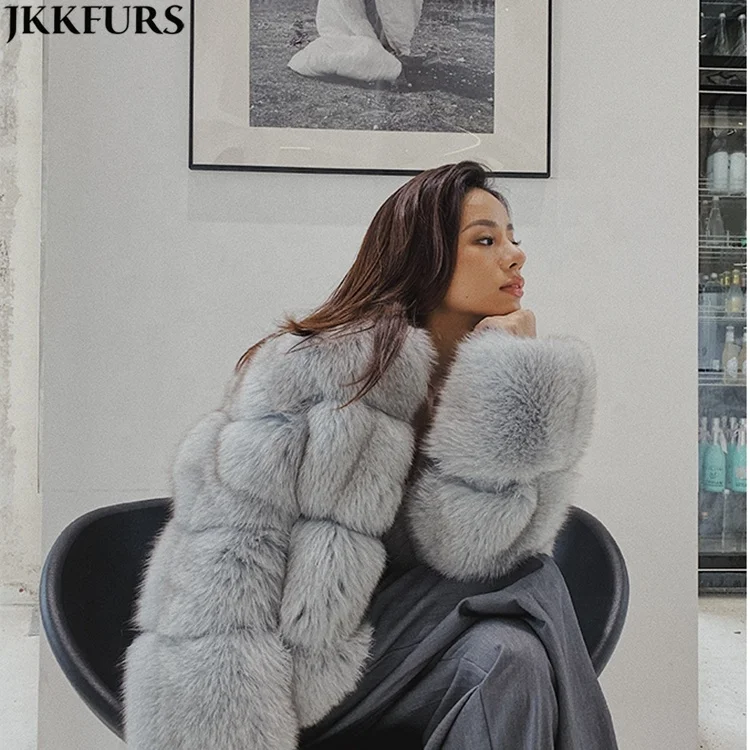 Jancoco Women's Cropped Blue Fur Coat - Genuine Finland Fox Fur