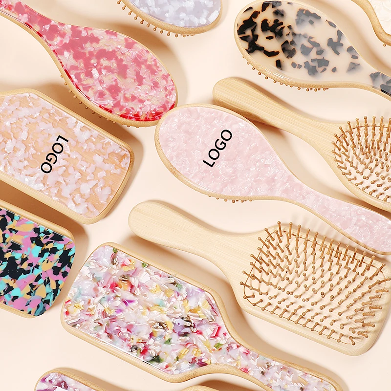 MiDairy CUSTOM LOGO Hair Brush and Comb Natural Bamboo Air Bag Wooden Acetate Accessories Hairbrush Soft Goat Bristles Custom