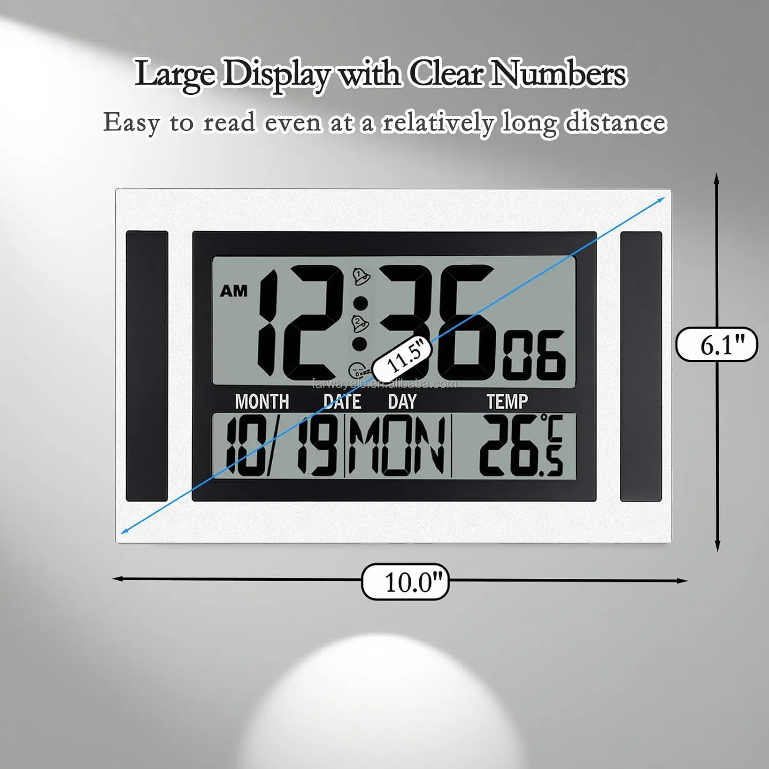 Large Display Digital Wall Clock Battery Operated with Big Numbers,Desk Clocks with Time Date Temperature, 2 Alarms with Snooze