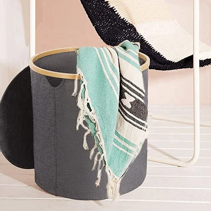 Concise Foldable Home Storage Bamboo Polyester Cotton Hemp Round Stool Round Laundry Basket