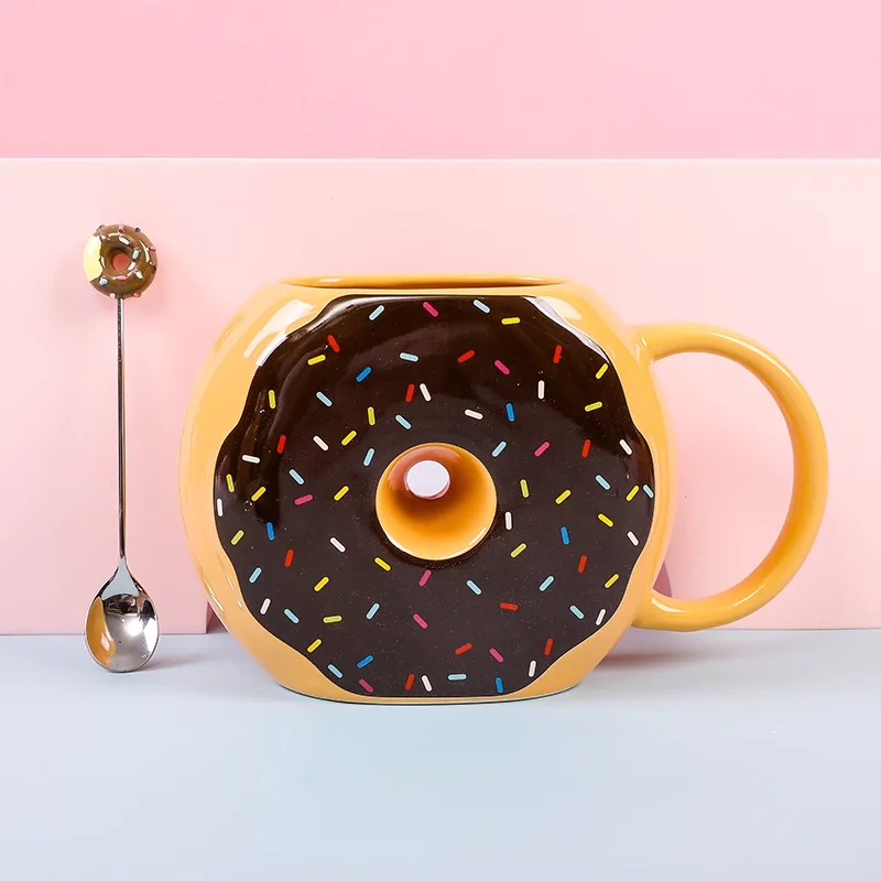 Ceramic Donut Mug Pink Glaze Doughnut With Sprinkles Best Cup for Coffee Tea Hot Chocolate