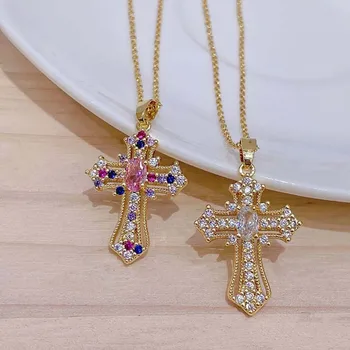 Wholesale Fashion Diamond Gold Cross Pendants Necklace For Women