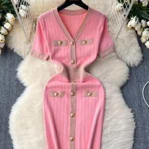 Women's Casual Midi Length Knitted Dress for Autumn Summer Elastic Slim Silhouette Simple Fashion Short Sleeves Buttons Woven