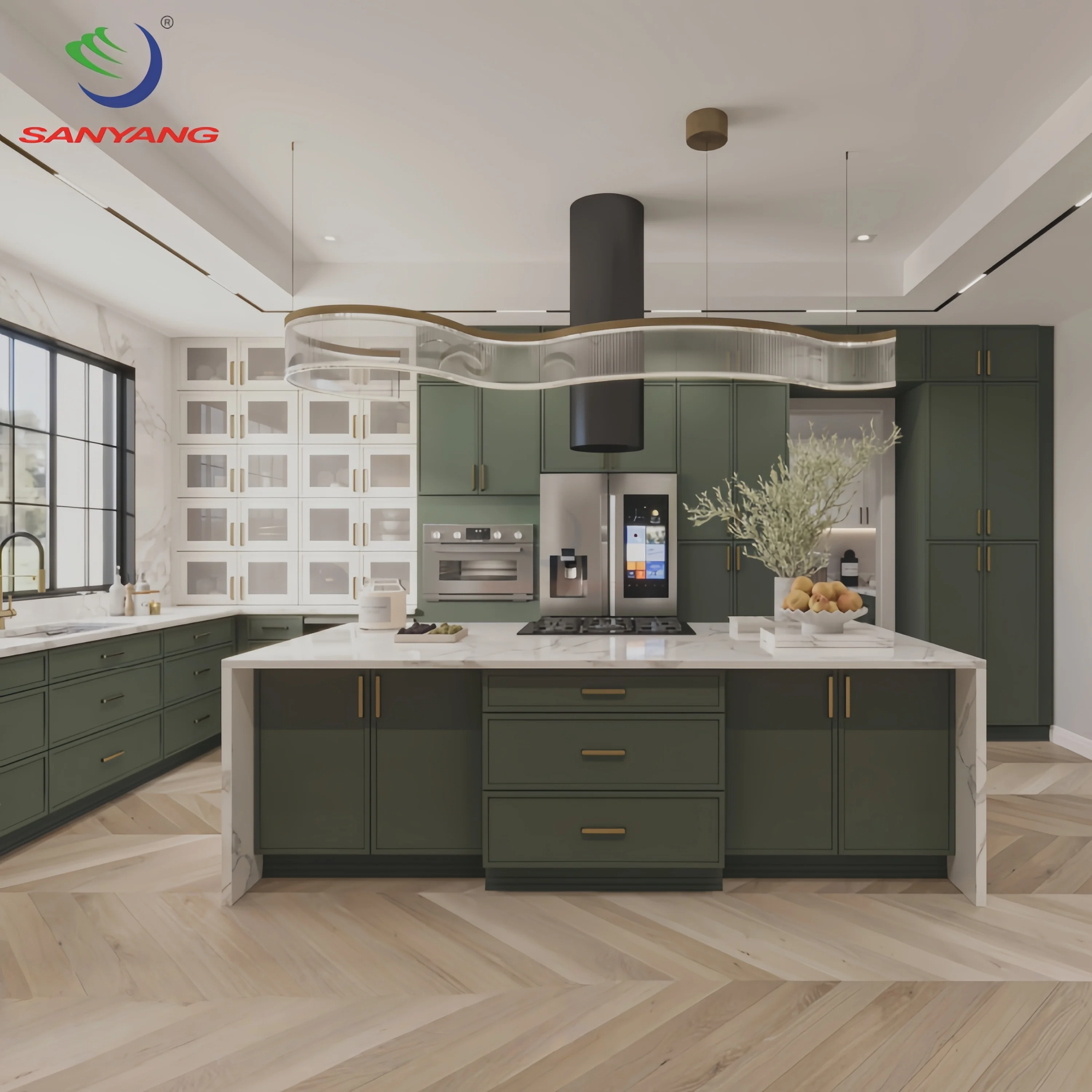 Modern Custom Color RTA Solid Wood Slim Shaker Green Kitchen Cabinets Ready to Assemble Kitchen Cabinet With Island