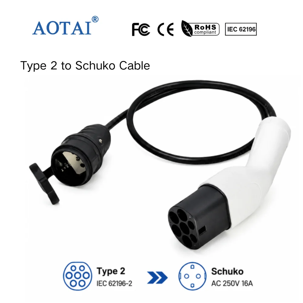 AOTAI New Type 2 to Schuko Outlet EV Charging Cable IEC 62196-2