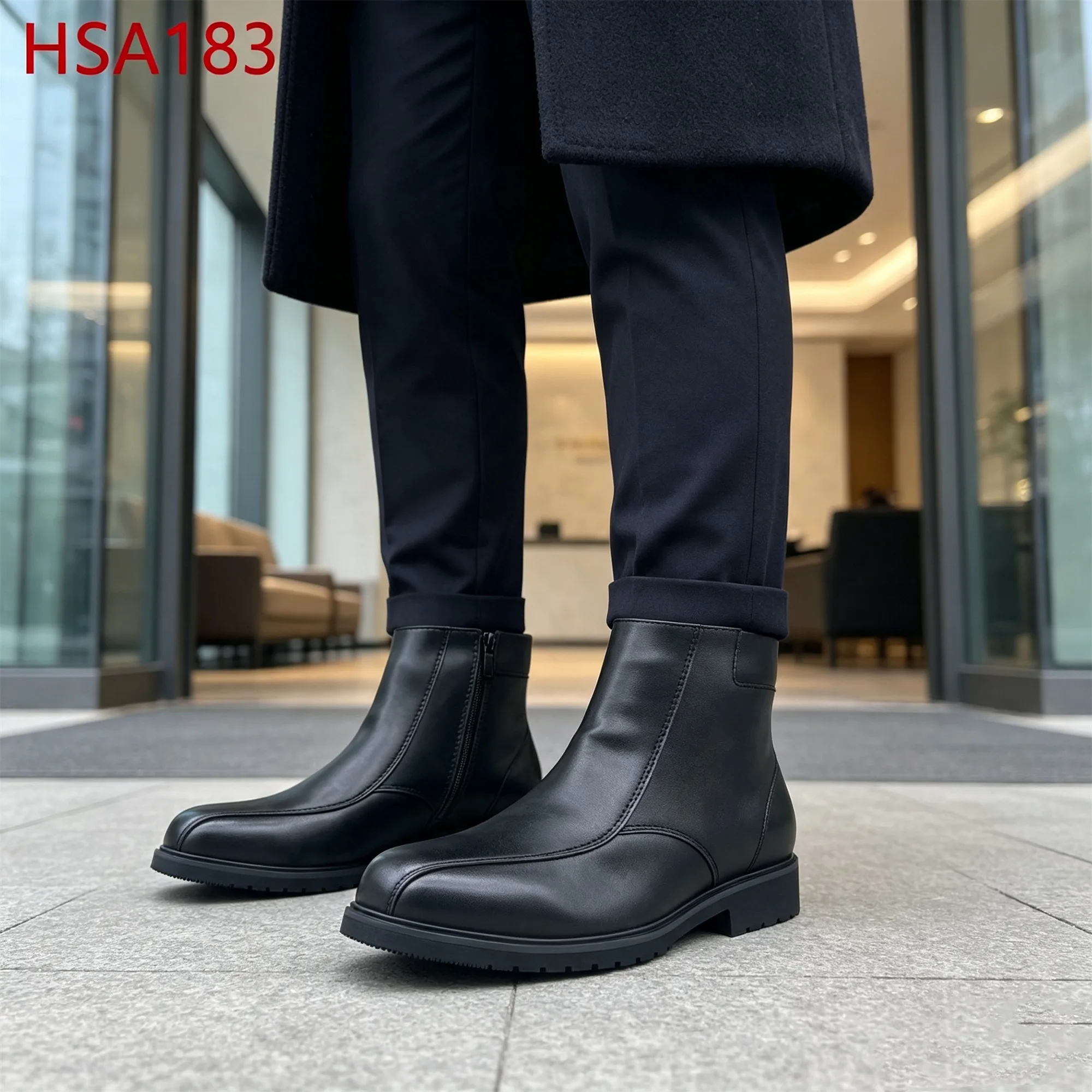 ZYF,Warm Real Wool Lining 6 Inch Men Leather Shoes in Russia Moccasin Style Round Toe Hua Singh Uniform Shoes with Zipper HSA183