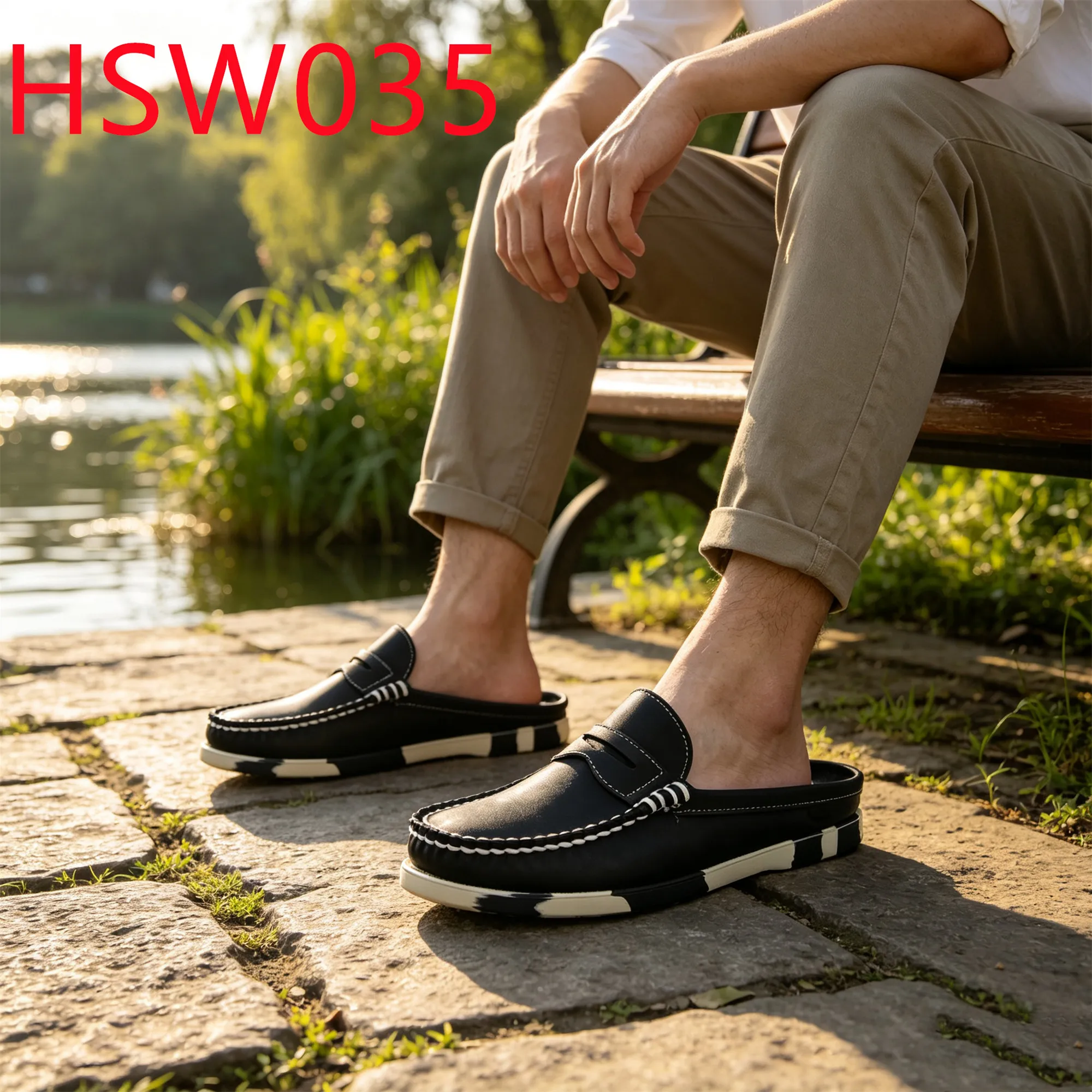 HY,Daily Collocations Mask-style Open Heel Hua Singh Boat slippers Color-blocking Leather Design Handmade Moccasins Shoes HSW035
