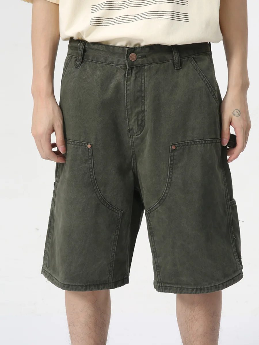 Mens Summer Short Green Straight Loose Wide Leg Washed Workwear Carpenter Style Denim Cargo Shorts Baggy Men Jeans_voghion.com