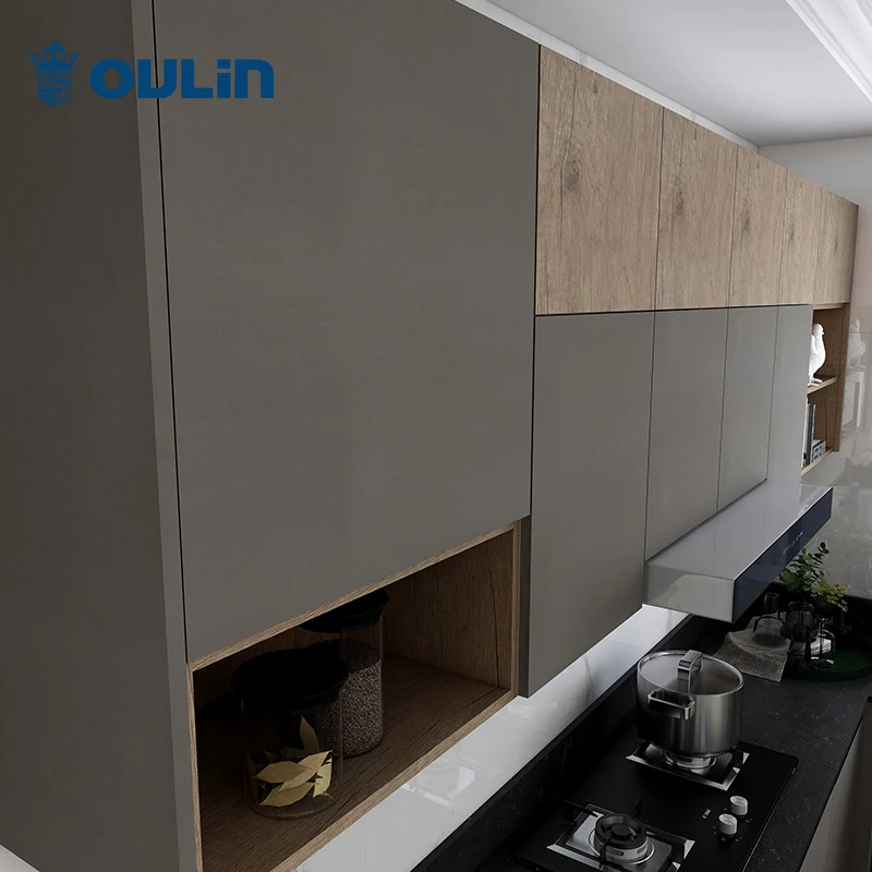 Modern Minimalist Gray Kitchen Solid Wood Pellet Kitchen Cabinet Modular