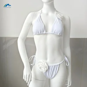 Manufacturers Custom Wholesale Women's 3D Floral Appliques Cute Bathing Suit High Waisted Triangle Tie Side Swimsuit Bikini Set