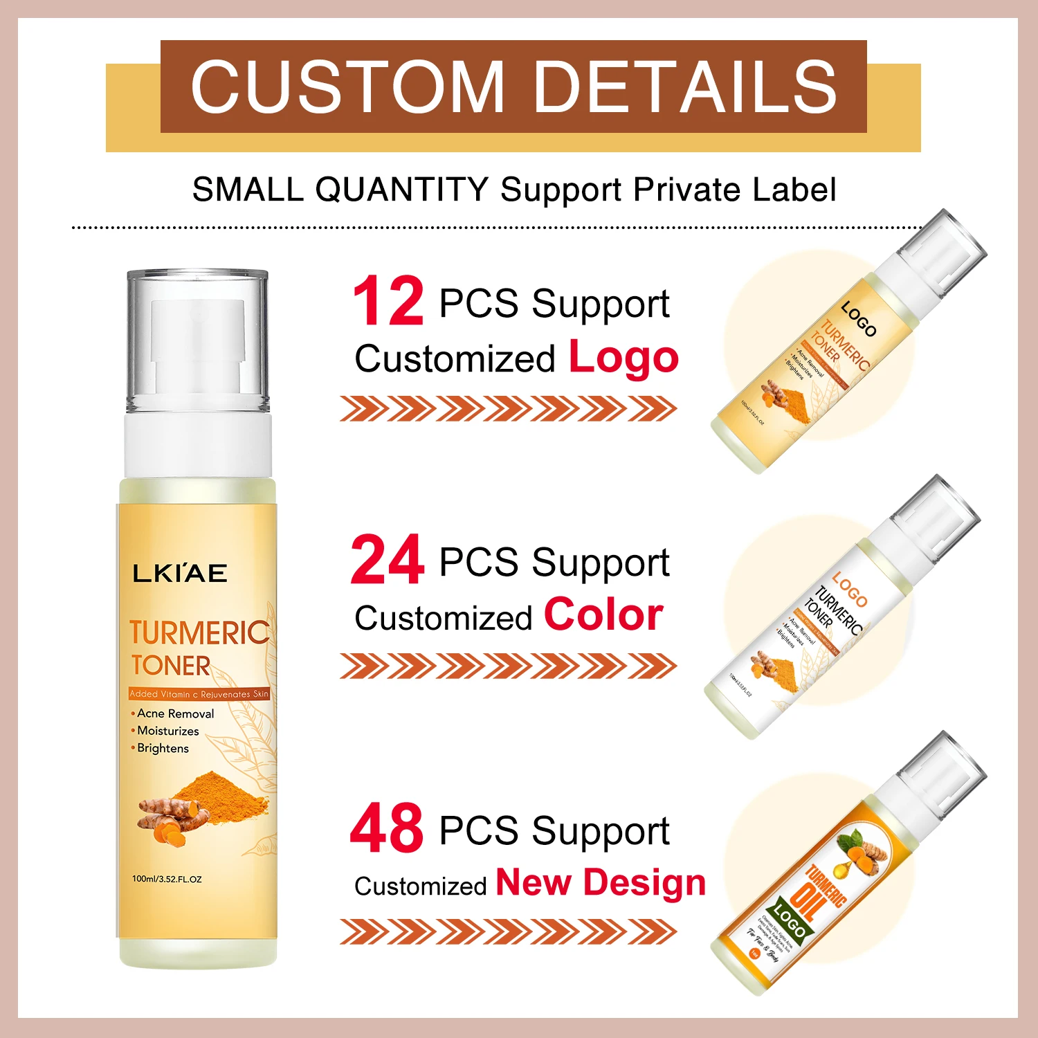 OEM ODM 100% Organic Vitamin C Nicotinamide Hyaluronic Acid Lightening Whitening Anti-Acne Moisturizing Turmeric Facial Toner