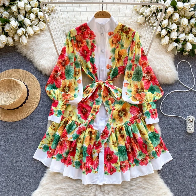 ZT1257  Spring floral design stand collar puffy sleeve print short high-grade dress women