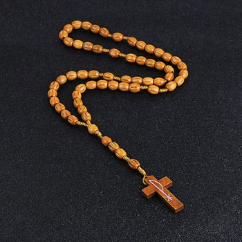 Komi New Wooden rosary Beads Cross Pendant Long Necklace For Women Men Catholic Christ Religious Jesus Rosary Jewelry Gift R-002
