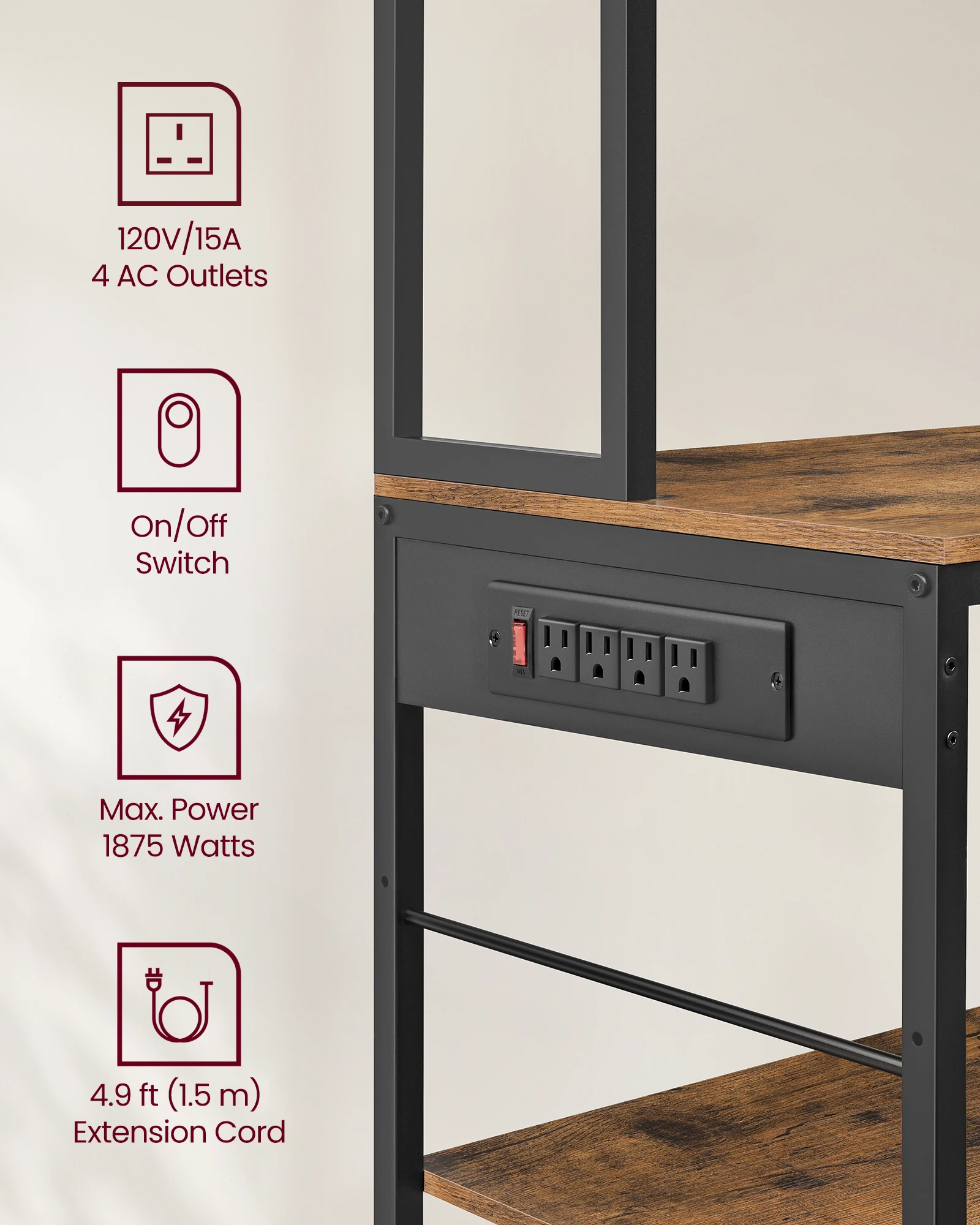 VASAGLE 12 Hooks Coffee Bar Stand with Adjustable Storage Shelves Bakers Rack with Drawer