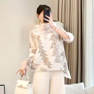 High-End Elegant Miyake Printed Pleated Top for Spring Summer Casual Slimming Mother Loose Meat Covering All-Match Foreign