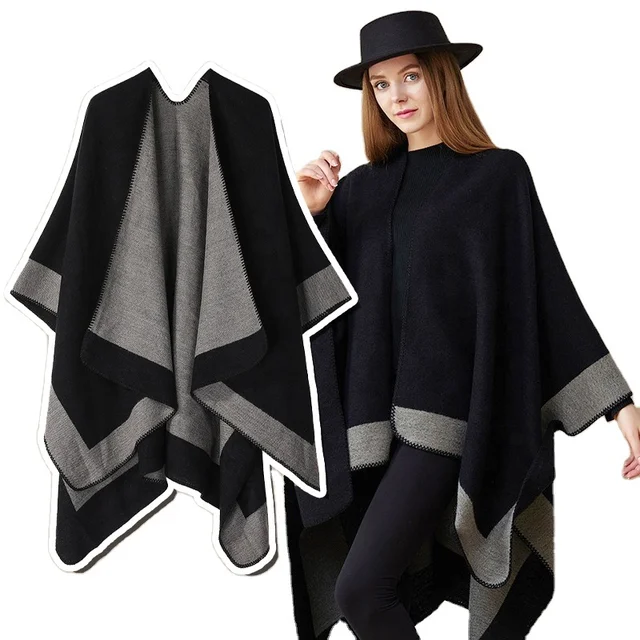 2024 European and American plain striped warm shawl coat autumn and winter office double-sided slit cloak wool scarf