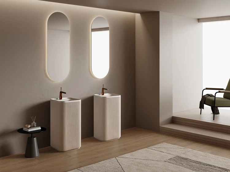 Wabi Sabi Style Bathroom Square Shape Beige Artificial Stone Solid Surface Floor-to-ceiling Column Sink Pedestal Wash Basin