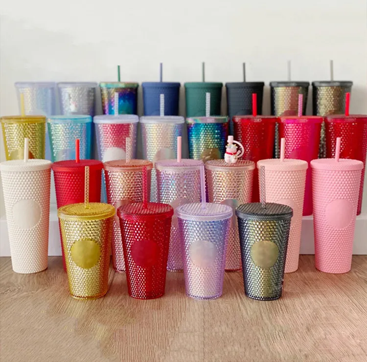 2021 Hot Sale Insulated Water Cups Colorful Double Wall Plastic Cups Reusable Studded Gold Pineapple Tumblers With Lid and Straw