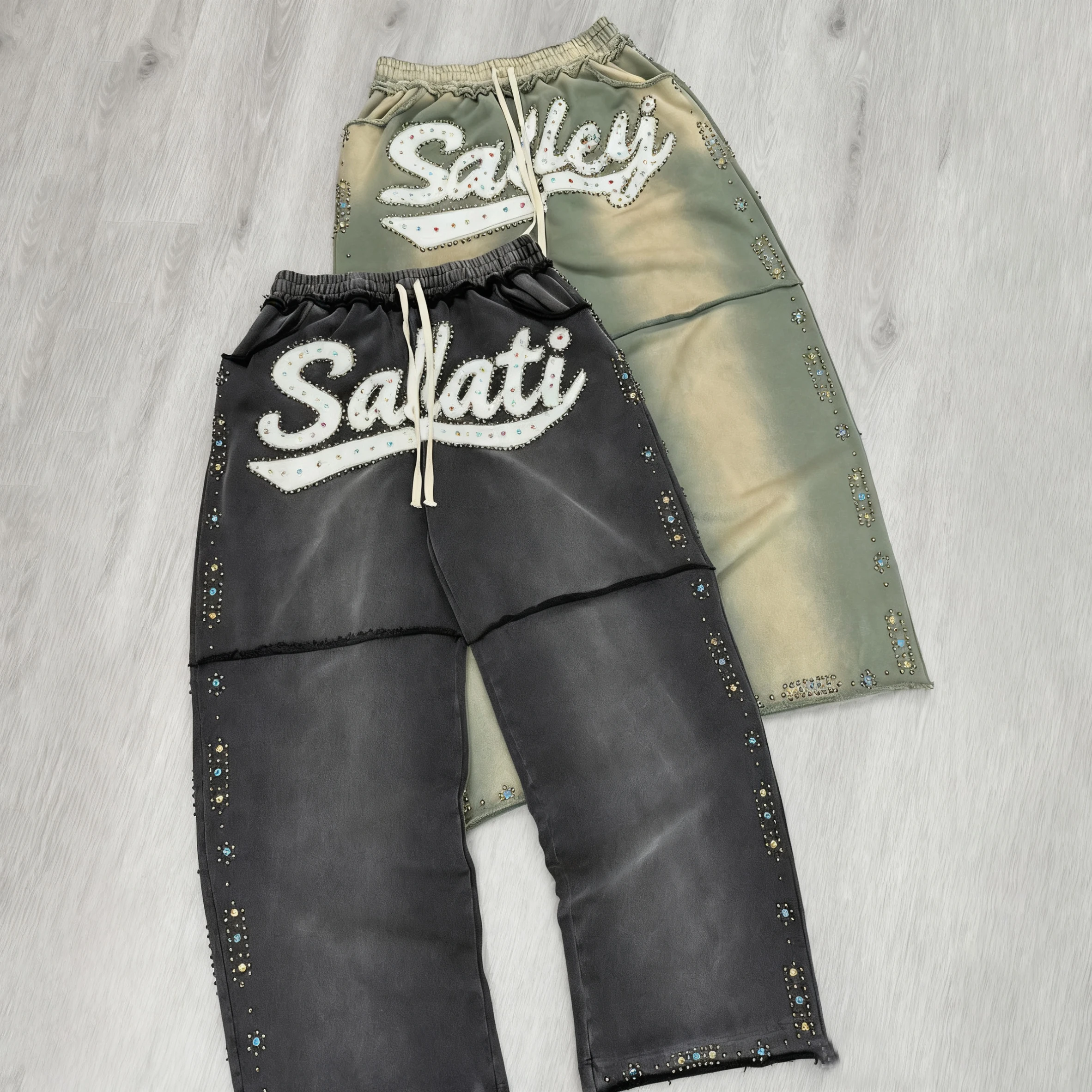 SALATI Manufacturer Custom Streetwear Rhinestone Heavy French Terry Cotton Distressed Wide Leg Casual Baggy Sweatpants for Men gallery 8