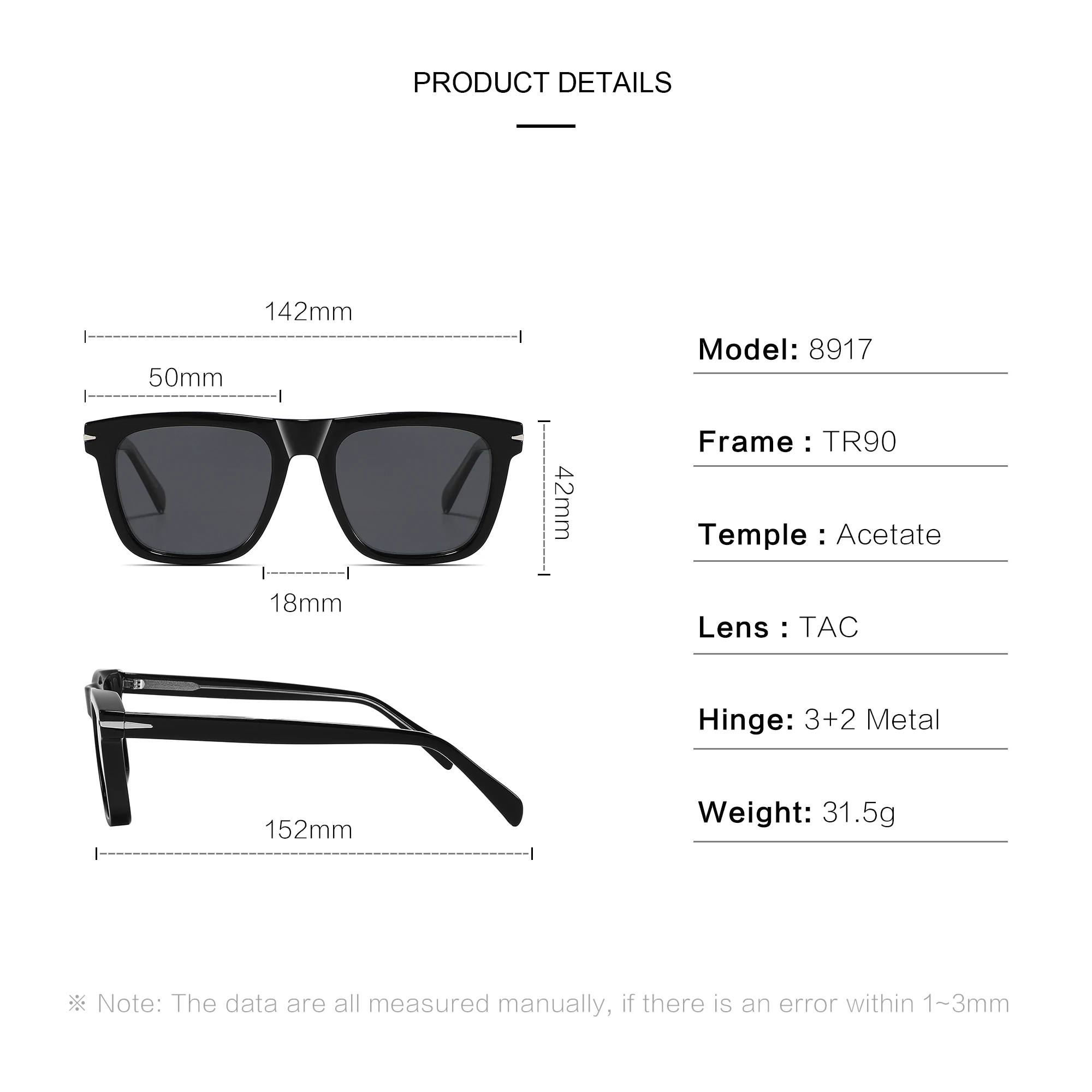 Conchen Ready Stock Square TR90 Frame Sunglasses Acetate TAC Polarized Men Women Sunglasses 2023