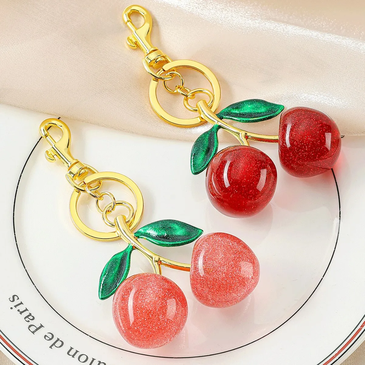 Cute Strawberry Cherry Heart Keychain Fashionable Red Bag Charms Keyring Purse Backpack Car Accessories for Women Girls Gift