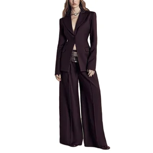 Customize New Burgundy Women's Anti-Wrinkle Business Suits Two-Piece Set Solid Color Suit Jacket Wide-Leg Pants Polyester/Cotton