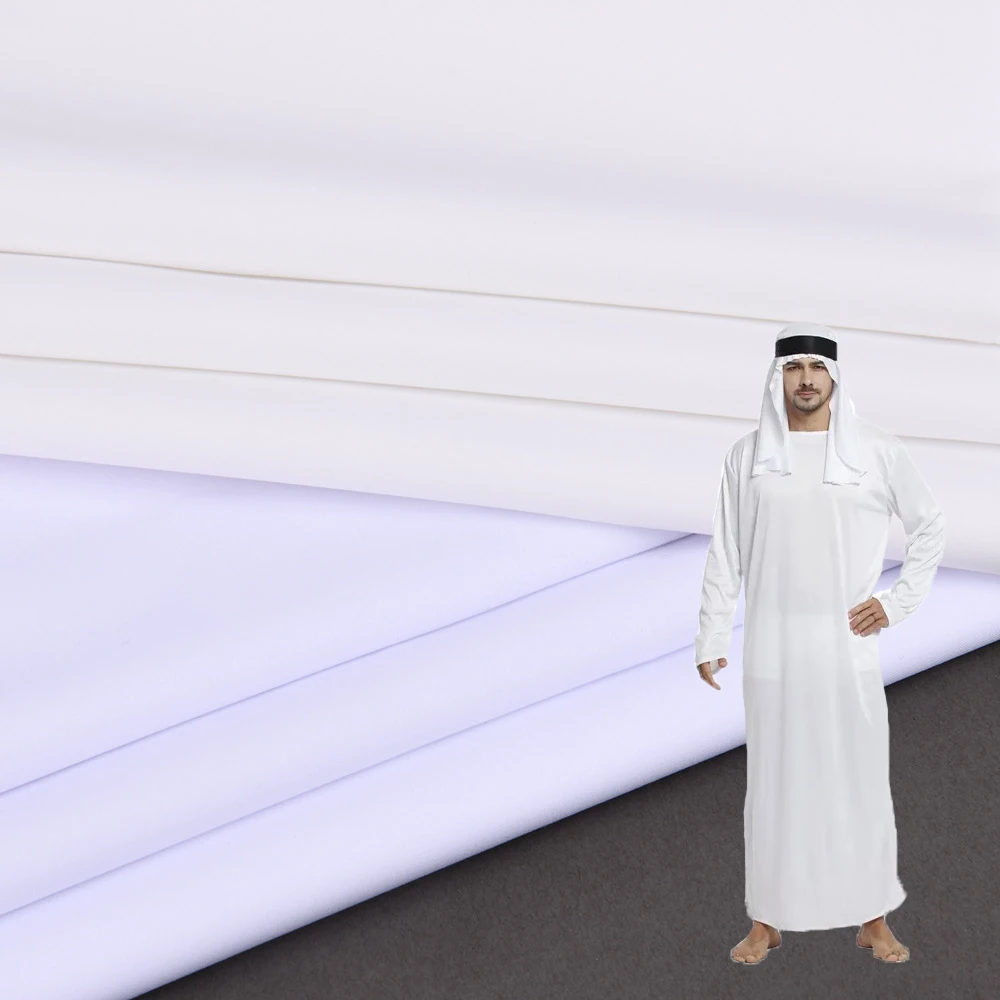 White 85 Polyester 15 Rayon Tr Fabric For Arab Thobe In Flat Roll Kandora Fabric Muslim Men's
