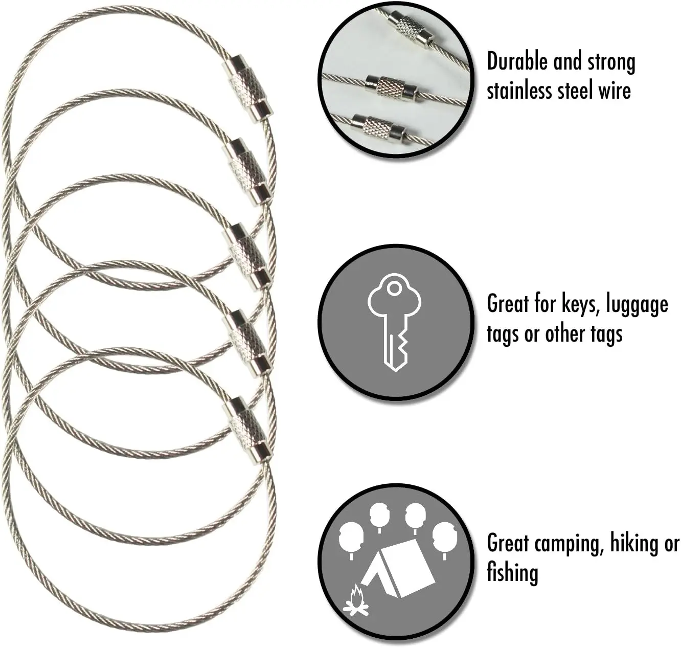 Nylon Coated Aircraft Cable KeyRing with Stainless Steel Wire Screw Lock Keychain Luggage Tags Metallic ID Tag Loop