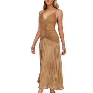 Custom High Quality Elegant Women's Ball Gown Pleated Halter Midi Dress for Summer Party